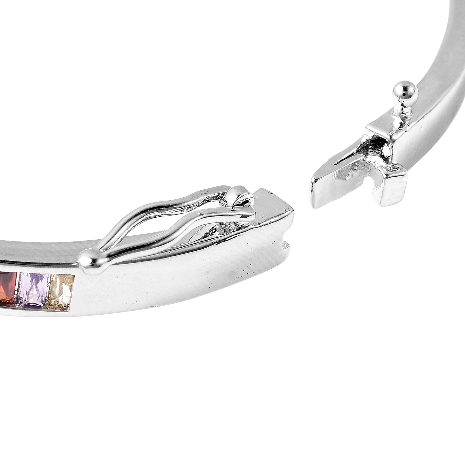Simulated Rainbow Sapphire Nail Bangle (Size 7) in White Gold Tone