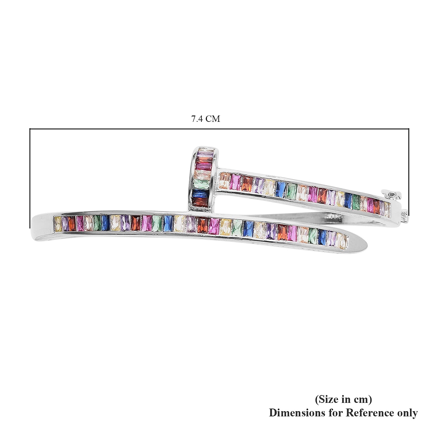 Simulated Rainbow Sapphire Nail Bangle (Size 7) in White Gold Tone