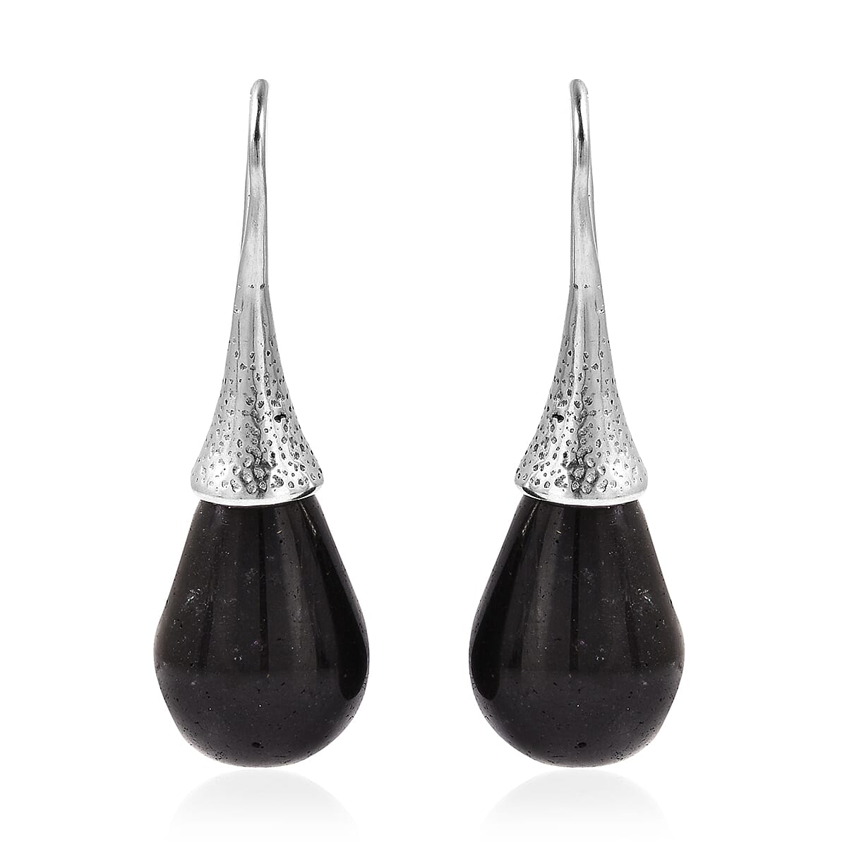 Black Obsidian Bead Drop Hook Earrings in Stainless Steel 33.50 Ct.