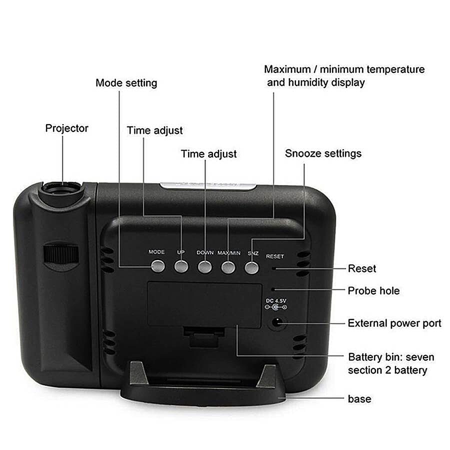 LCD Smart Electronic Desktop Table Desk LED Laser Ceiling Digital Projection Alarm Clock with Weather Station - Black