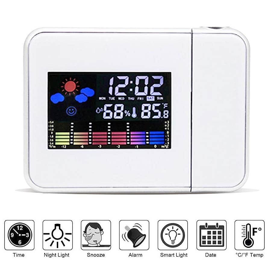LCD Smart Electronic Desktop Table Desk LED Laser Ceiling Digital Projection Alarm Clock with Weather Station-White
