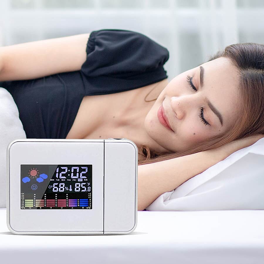 LCD Smart Electronic Desktop Table Desk LED Laser Ceiling Digital Projection Alarm Clock with Weather Station-White