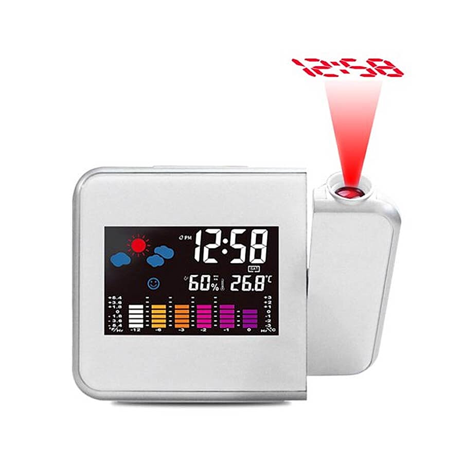 LCD Smart Electronic Desktop Table Desk LED Laser Ceiling Digital Projection Alarm Clock with Weather Station-White