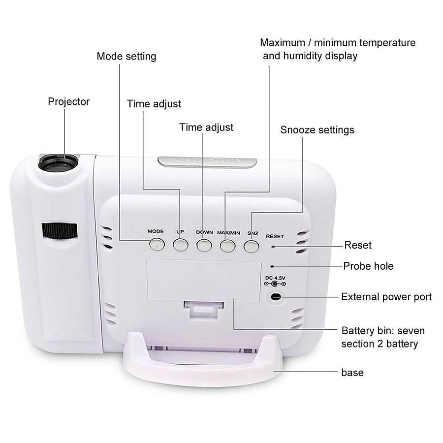 LCD Smart Electronic Desktop Table Desk LED Laser Ceiling Digital Projection Alarm Clock with Weather Station-White