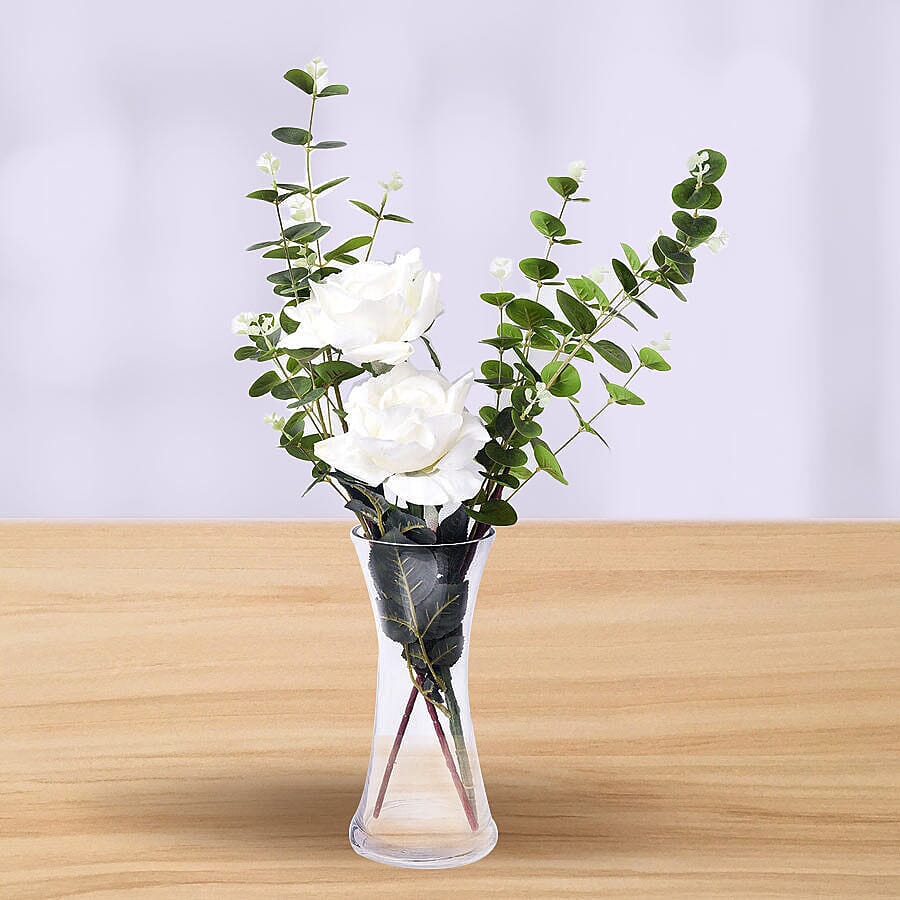 The 5th Season - Decorative Two Heads Artificial Rose with Vase and Perfume Spayer (Size Vase: 24X12X10, Bouquet 55 cm) - White