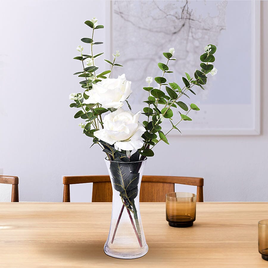 The 5th Season - Decorative Two Heads Artificial Rose with Vase and Perfume Spayer (Size Vase: 24X12X10, Bouquet 55 cm) - White