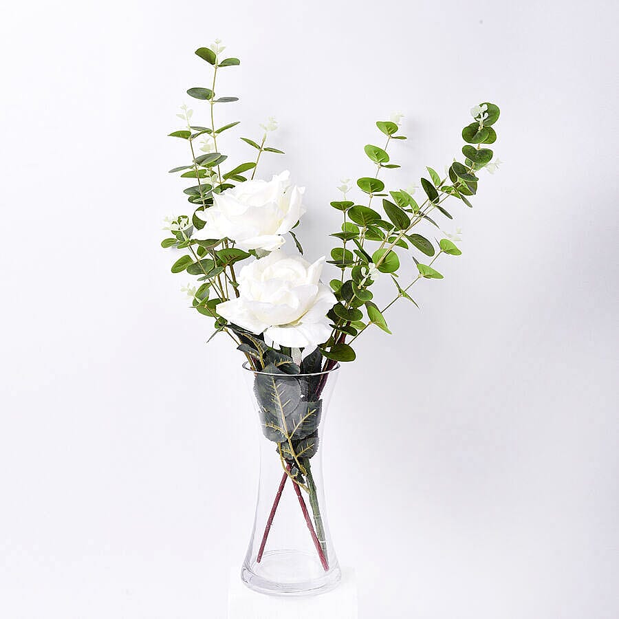 The 5th Season - Decorative Two Heads Artificial Rose with Vase and Perfume Spayer (Size Vase: 24X12X10, Bouquet 55 cm) - White
