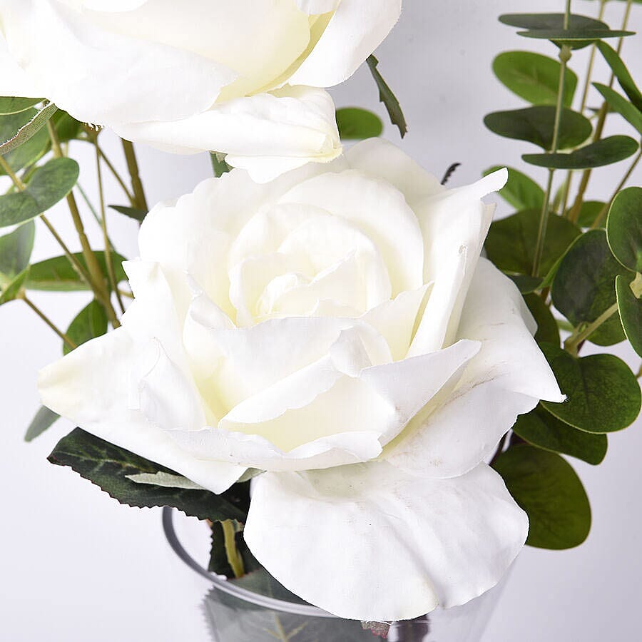The 5th Season - Decorative Two Heads Artificial Rose with Vase and Perfume Spayer (Size Vase: 24X12X10, Bouquet 55 cm) - White