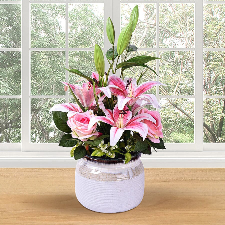 Decorative Artificial Ceramic Vase with Floral Pot (Size:21x21x58Cm) - White and Pink