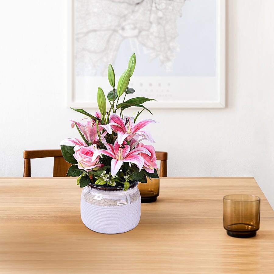 Decorative Artificial Ceramic Vase with Floral Pot (Size:21x21x58Cm) - White and Pink