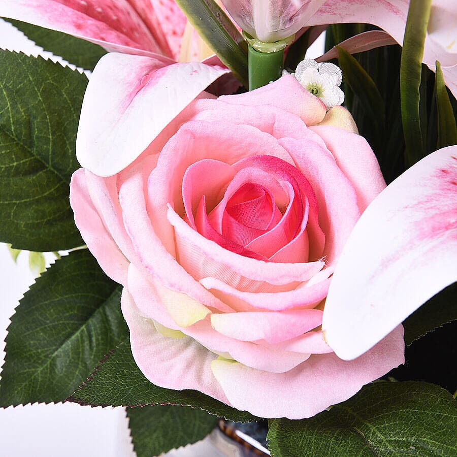 Decorative Artificial Ceramic Vase with Floral Pot (Size:21x21x58Cm) - White and Pink