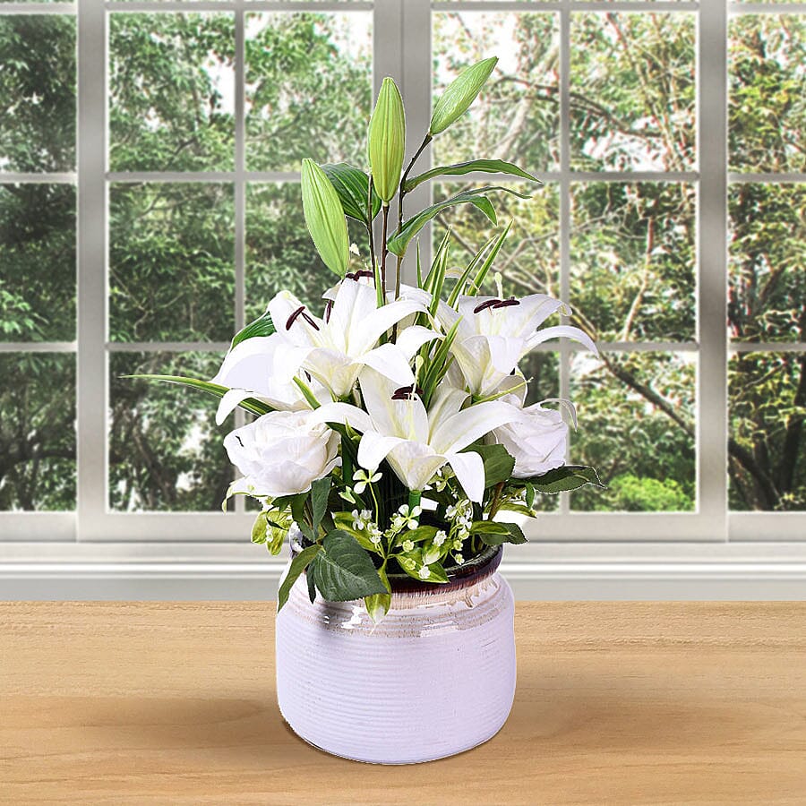 Decorative Artificial Ceramic Vase with Floral Pot (Size:21x21x58Cm) - White
