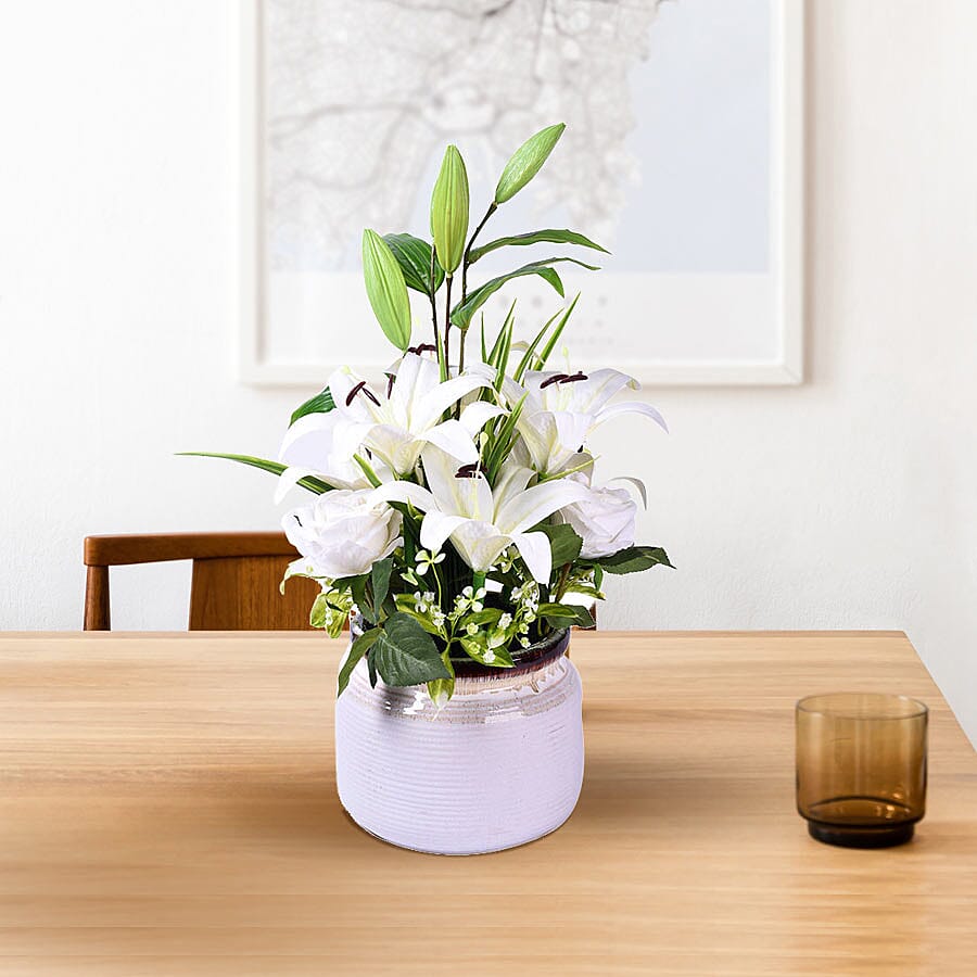 Decorative Artificial Ceramic Vase with Floral Pot (Size:21x21x58Cm) - White