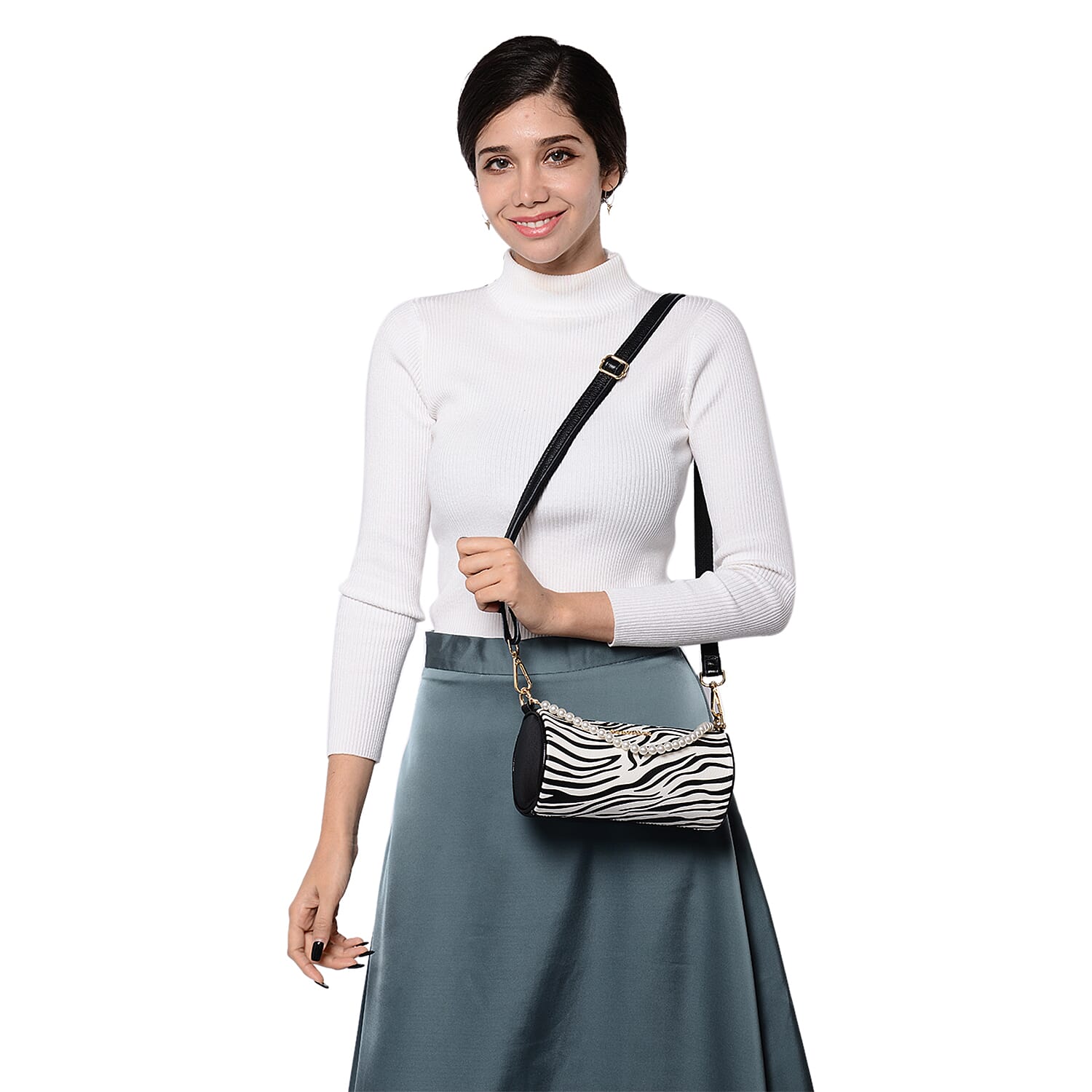Sencillez Zebra Pattern 100% Genuine Leather Barrel Crossbody Bag (Size 21x10x10cm) in White & Black