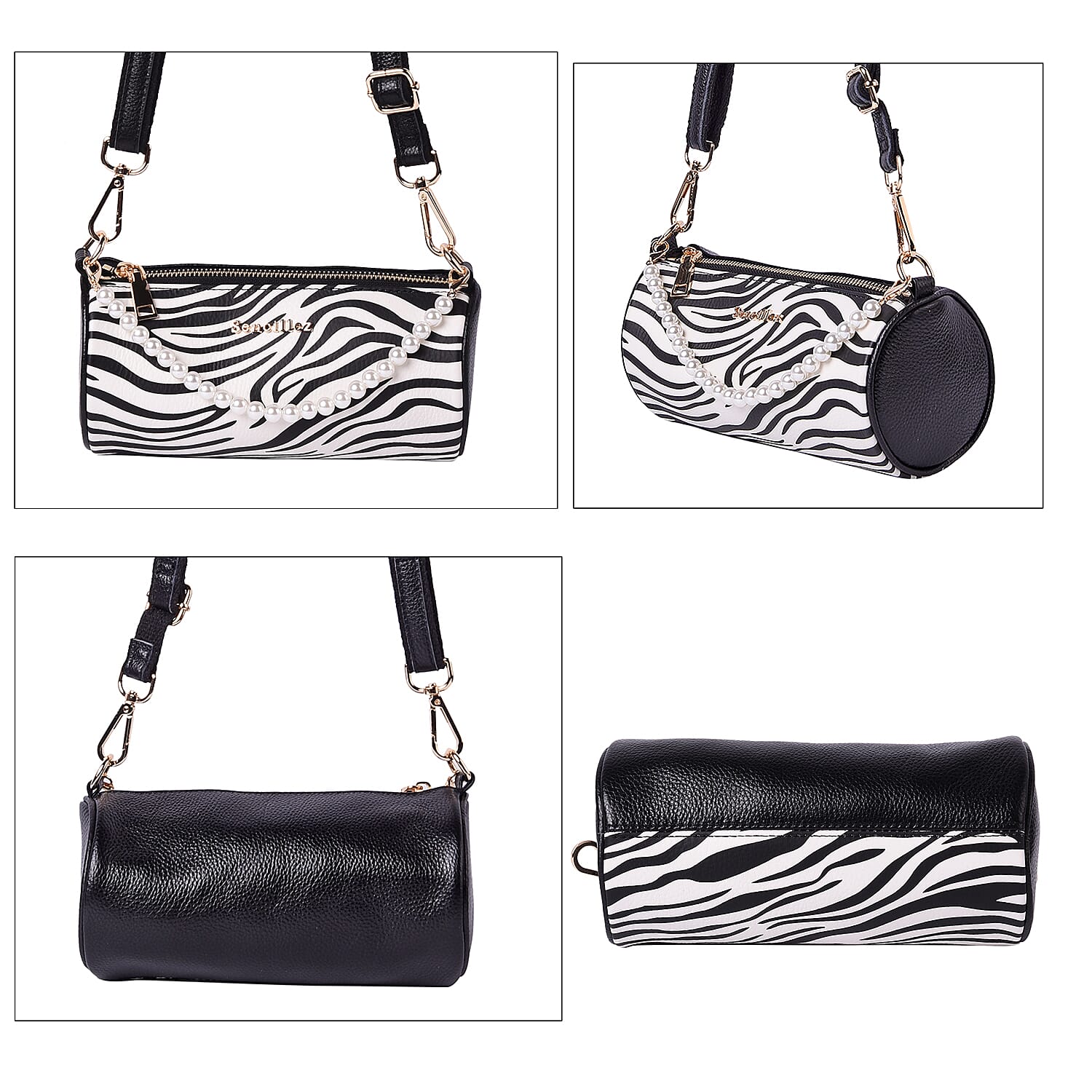 Sencillez Zebra Pattern 100% Genuine Leather Barrel Crossbody Bag (Size 21x10x10cm) in White & Black