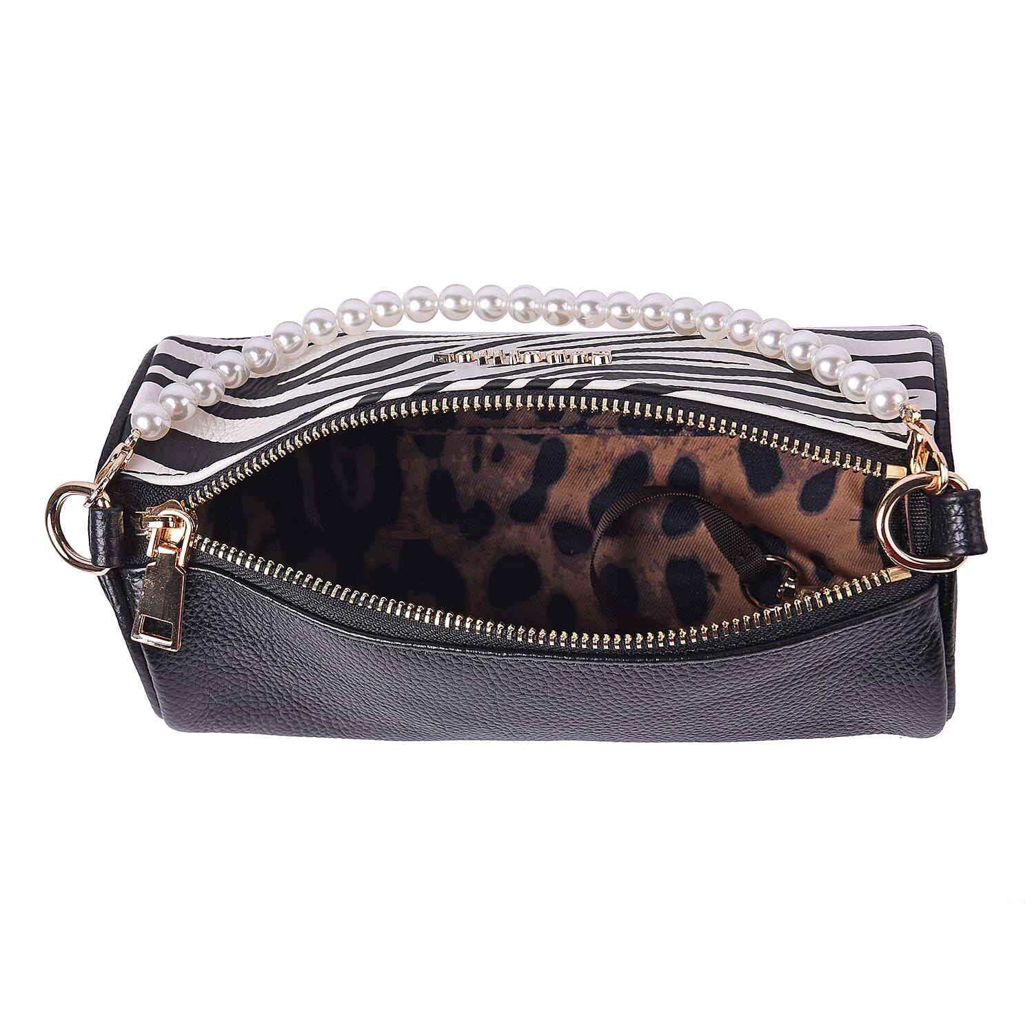 Sencillez Zebra Pattern 100% Genuine Leather Barrel Crossbody Bag (Size 21x10x10cm) in White & Black