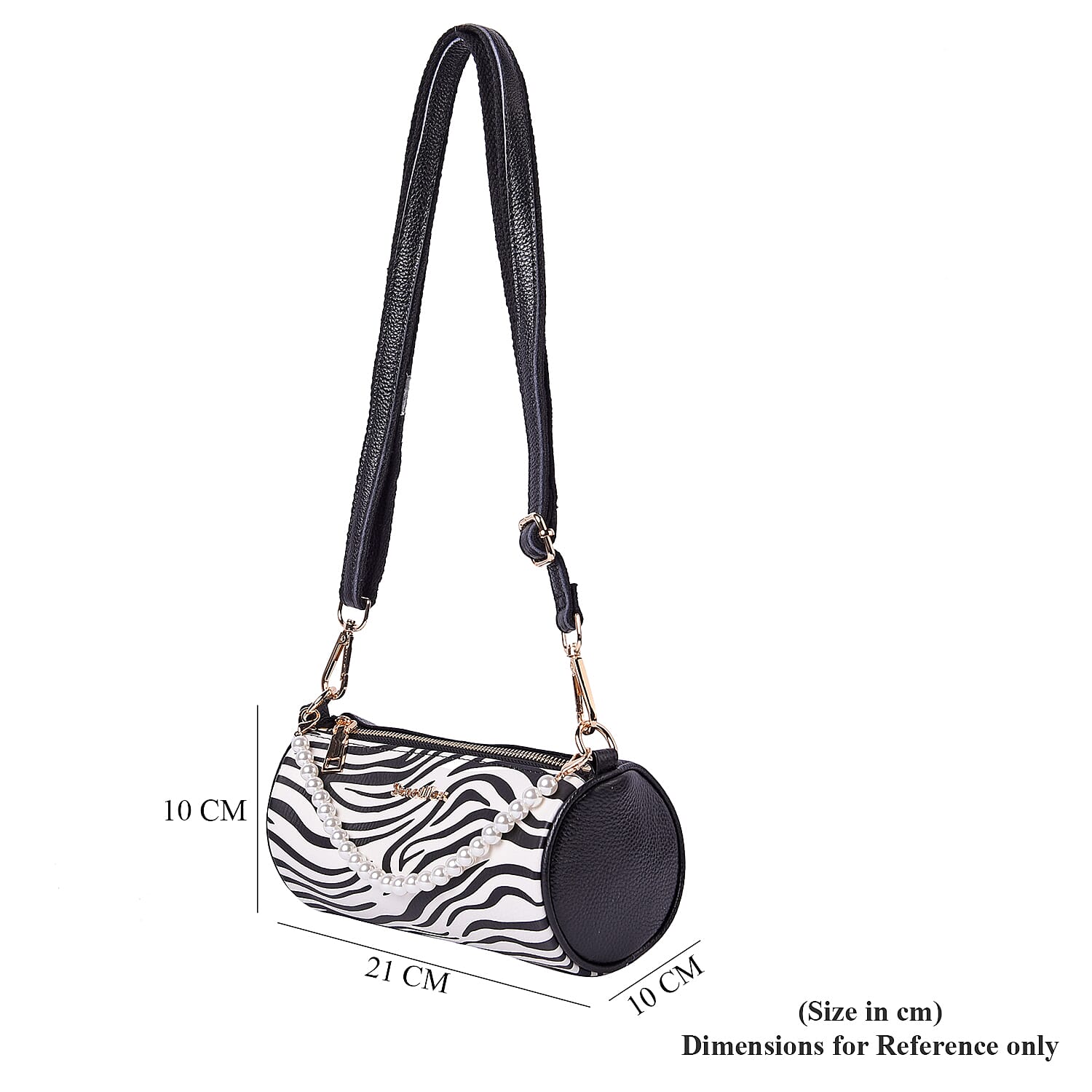 Sencillez Zebra Pattern 100% Genuine Leather Barrel Crossbody Bag (Size 21x10x10cm) in White & Black