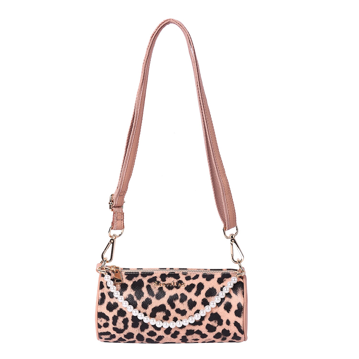 Sencillez Leopard Pattern 100% Genuine Leather Barrel Crossbody Bag in Peach & Black