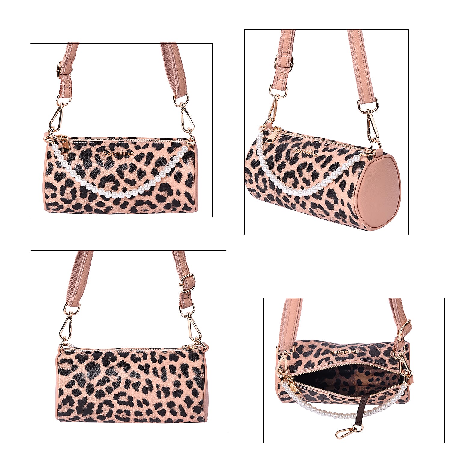 Sencillez Leopard Pattern 100% Genuine Leather Barrel Crossbody Bag (Size 21x10x10cm) in Peach & Black