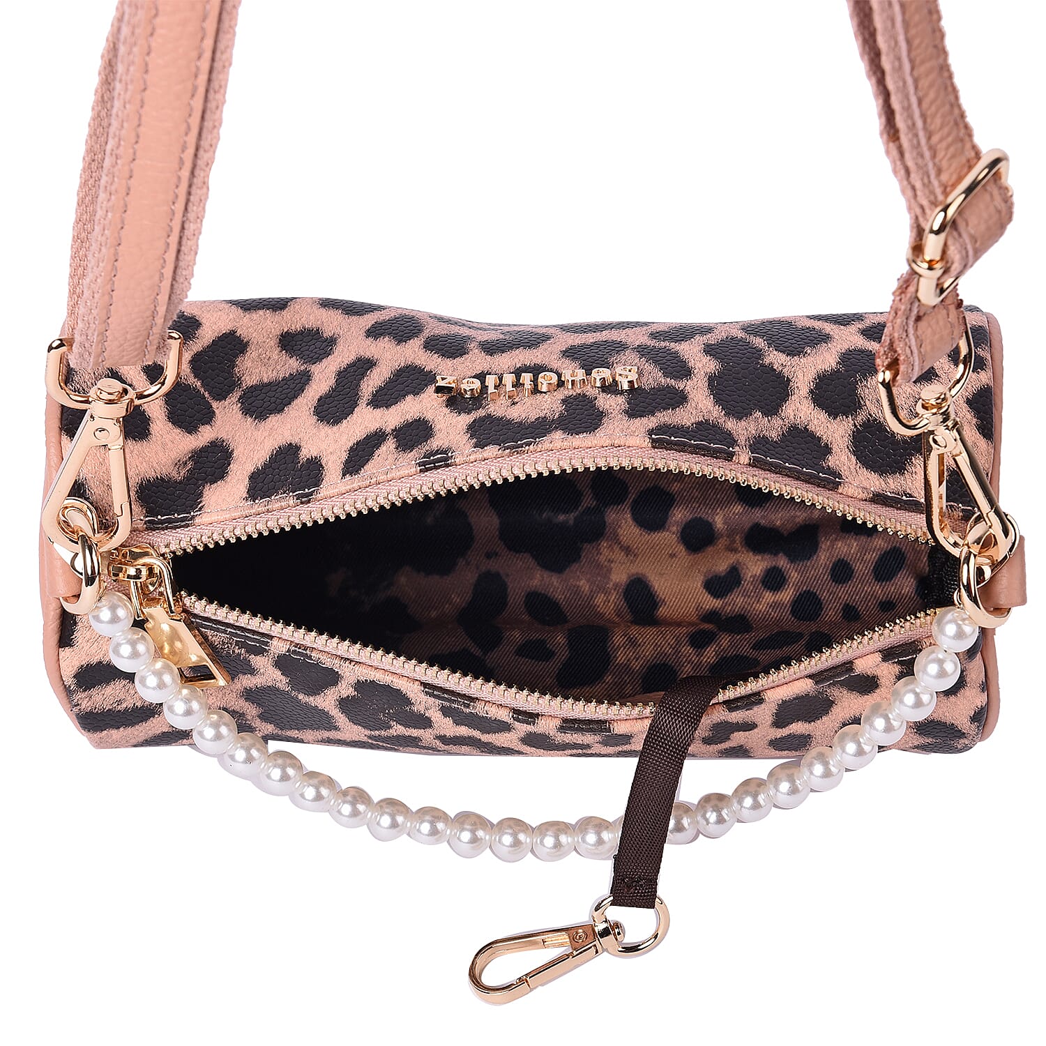 Sencillez Leopard Pattern 100% Genuine Leather Barrel Crossbody Bag in Peach & Black