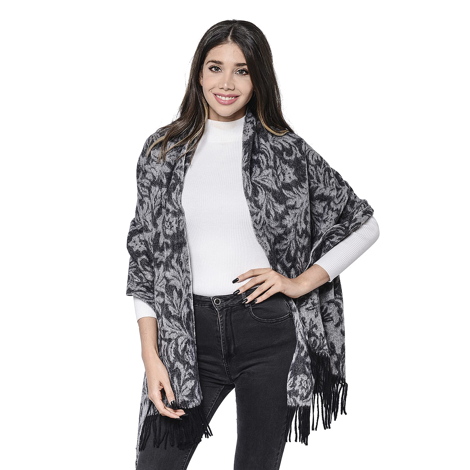 LA MAREY Super Soft 100% Lambswool Leaves Pattern Shawl (Size 180x70cm) - Black and Grey