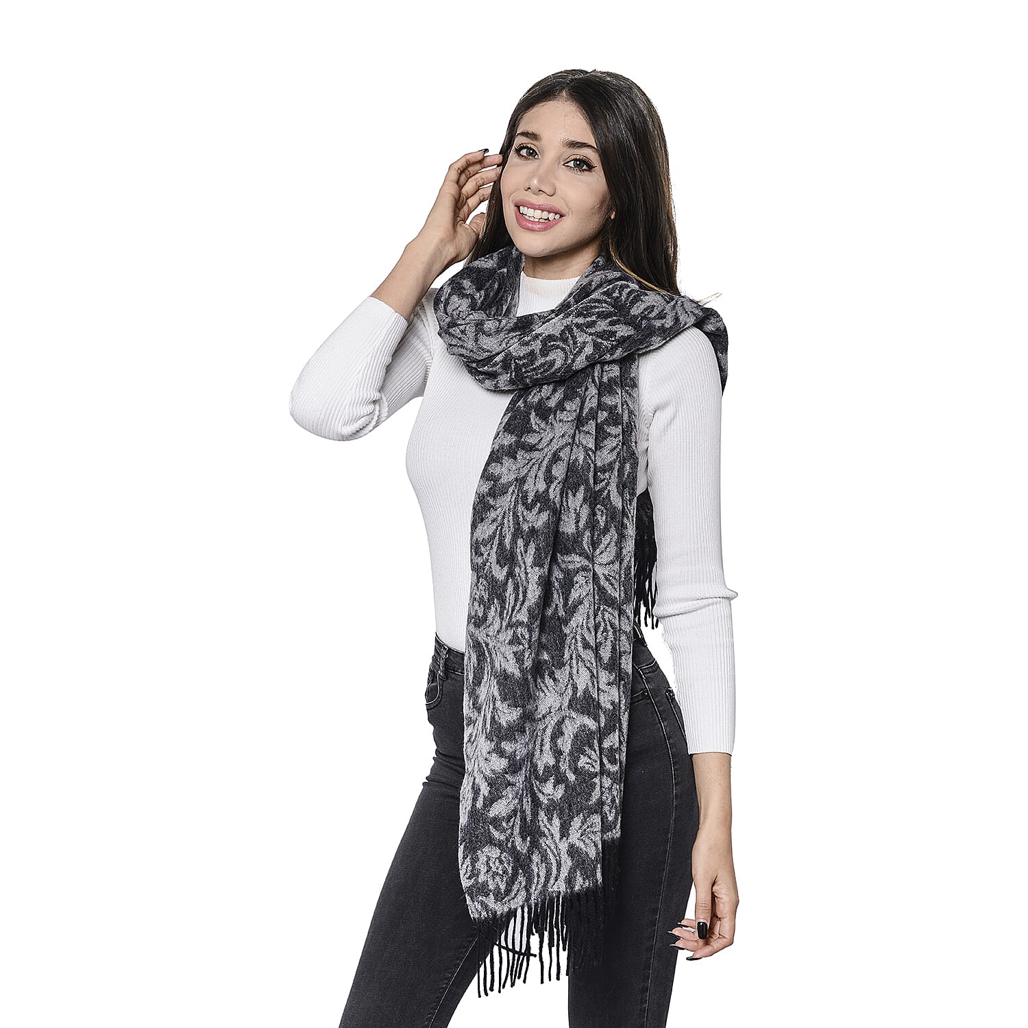 LA MAREY Super Soft 100% Lambswool Leaves Pattern Shawl (Size 180x70cm) - Black and Grey