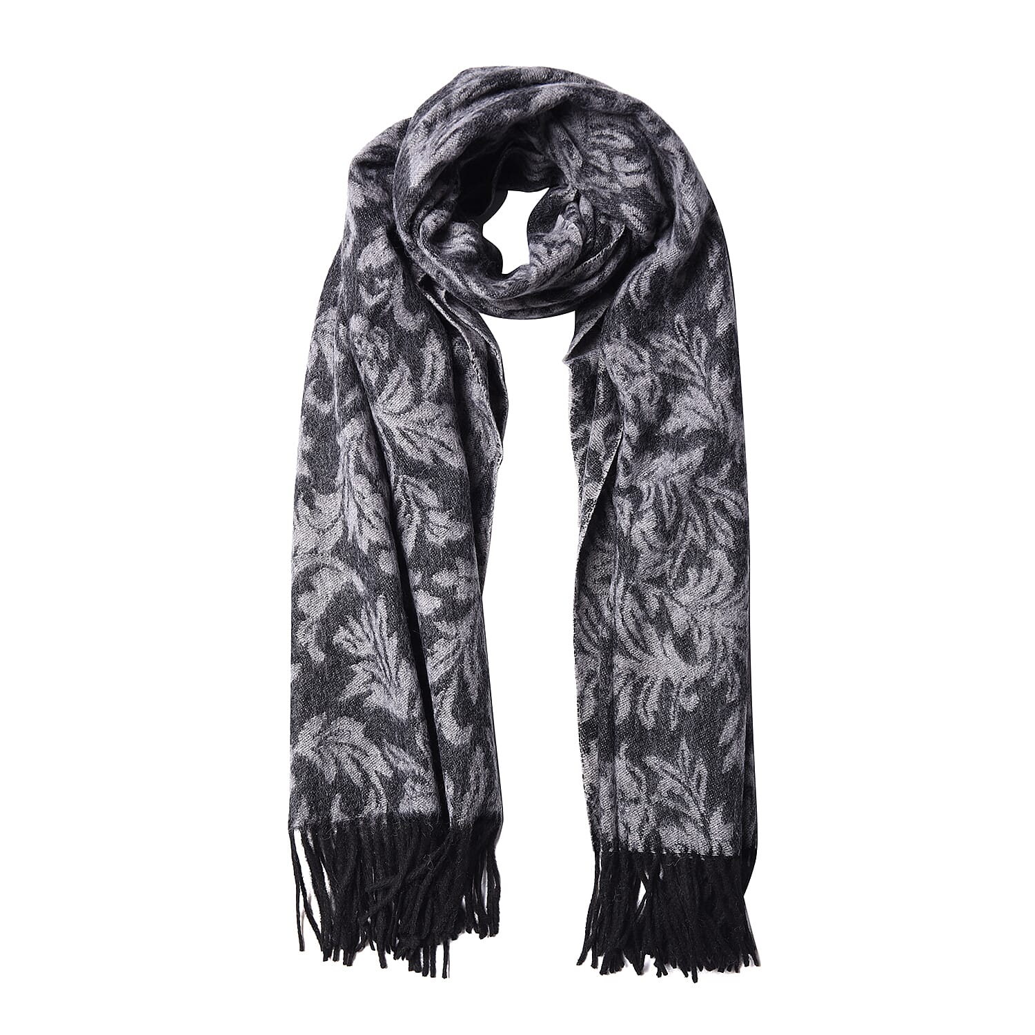 LA MAREY Super Soft 100% Lambswool Leaves Pattern Shawl (Size 180x70cm) - Black and Grey