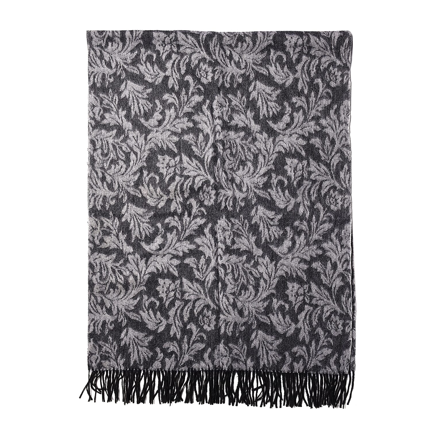 LA MAREY Super Soft 100% Lambswool Leaves Pattern Shawl (Size 180x70cm) - Black and Grey