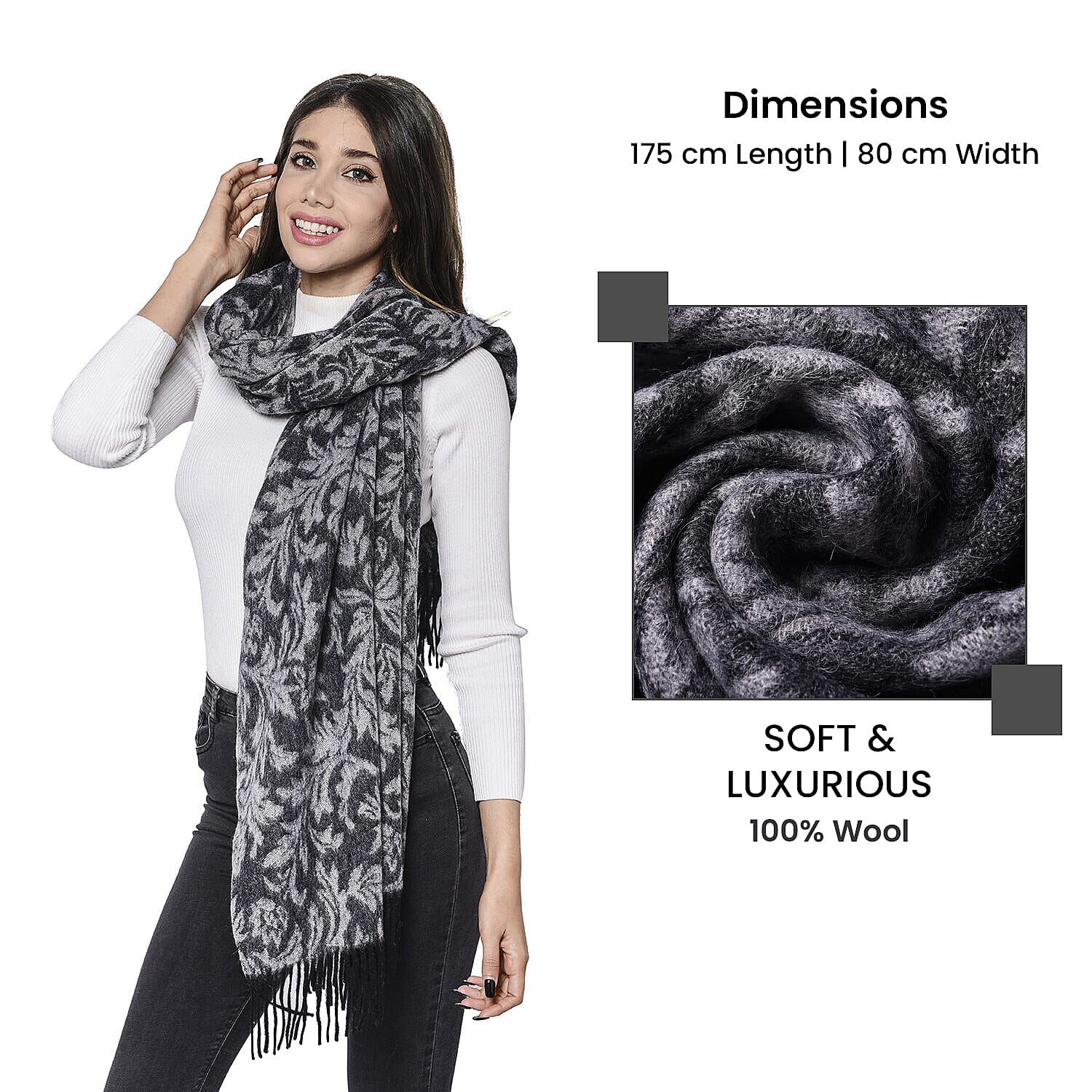 LA MAREY Super Soft 100% Lambswool Leaves Pattern Shawl (Size 180x70cm) - Black and Grey