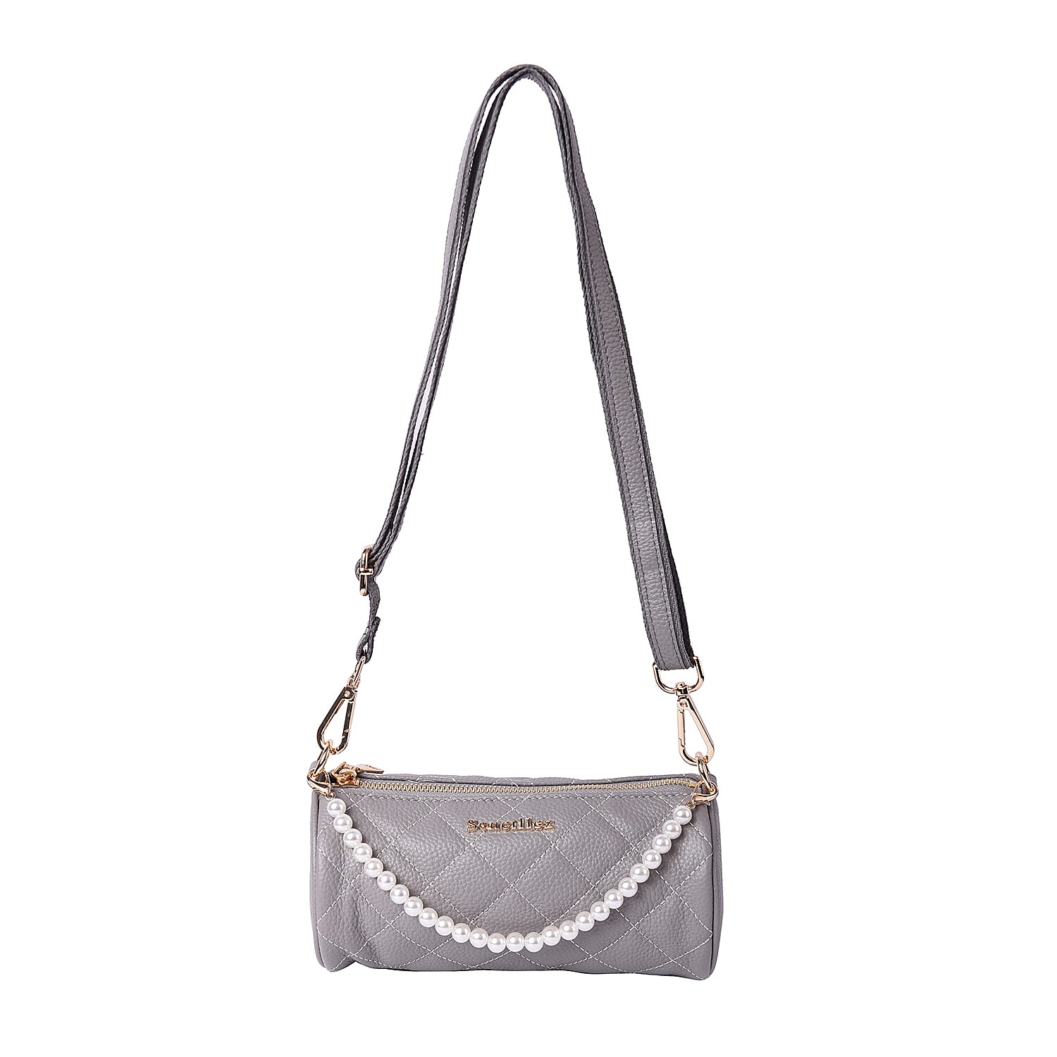 Sencillez Quilted Pattern 100% Genuine Leather Barrel Crossbody Bag (Size 21x10x10cm) in Grey