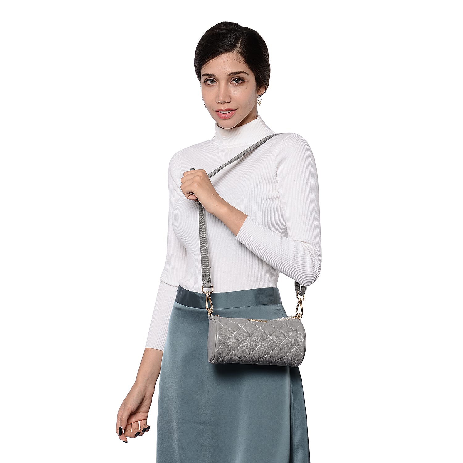 Sencillez Quilted Pattern 100% Genuine Leather Barrel Crossbody Bag (Size 21x10x10cm) in Grey
