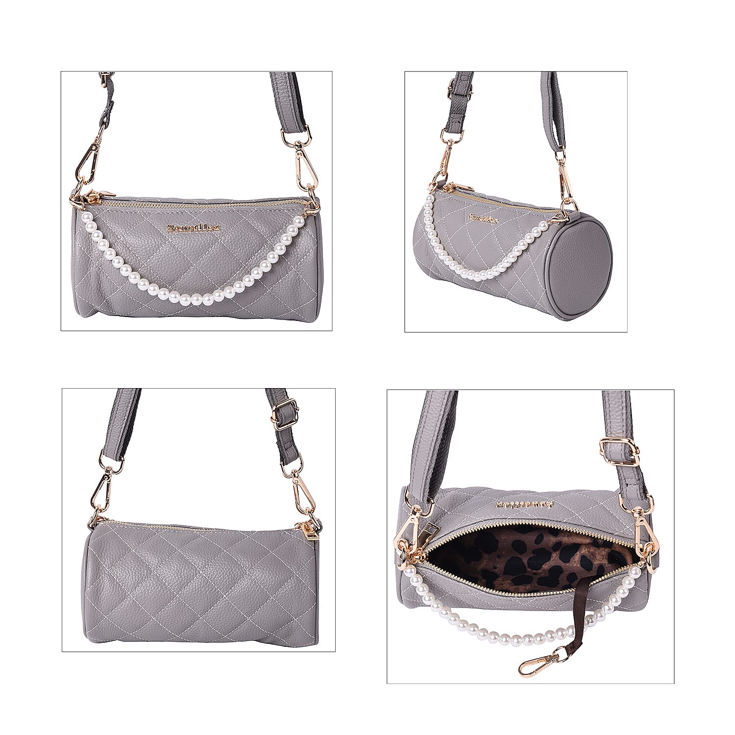Sencillez Quilted Pattern 100% Genuine Leather Barrel Crossbody Bag (Size 21x10x10cm) in Grey