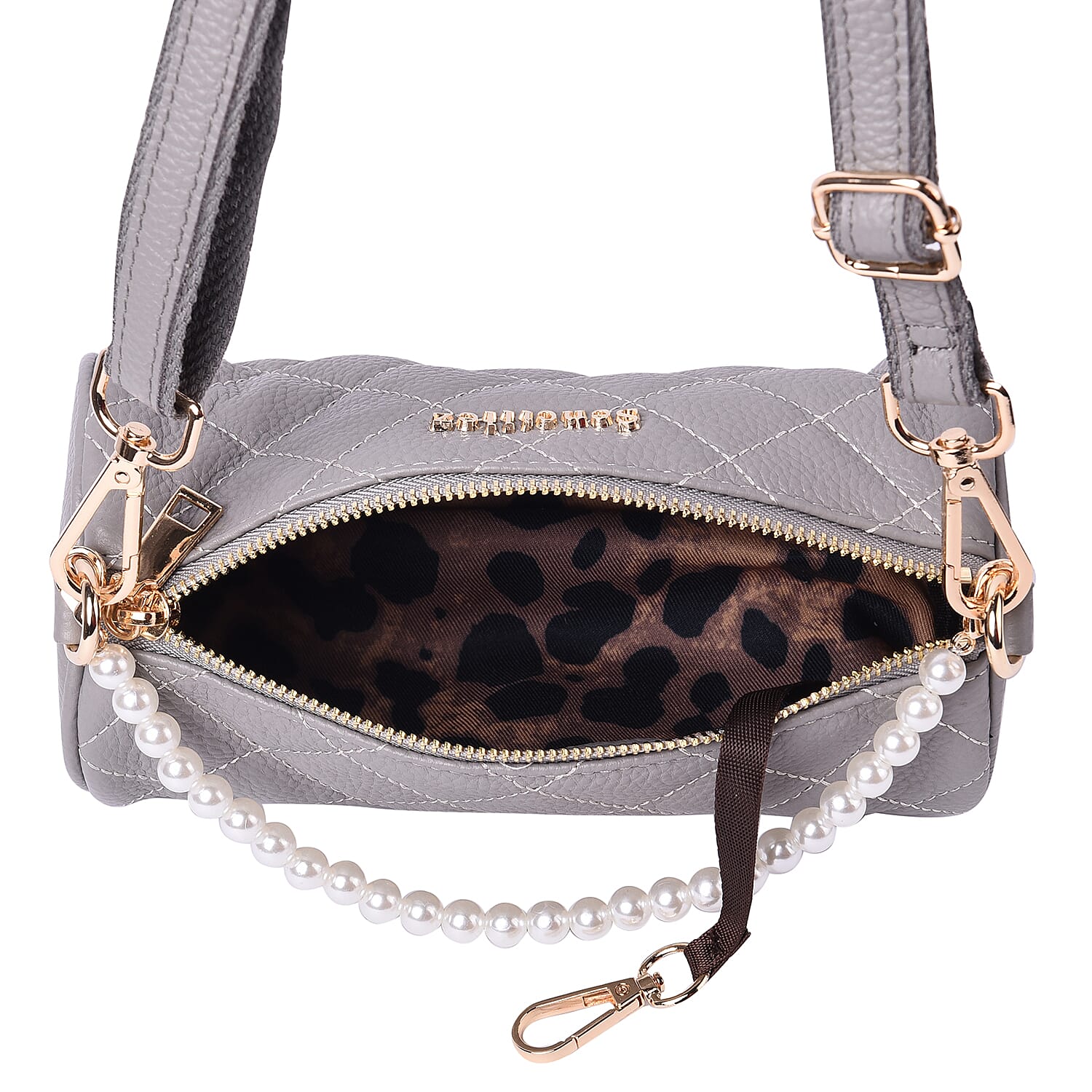 Sencillez Quilted Pattern 100% Genuine Leather Barrel Crossbody Bag (Size 21x10x10cm) in Grey