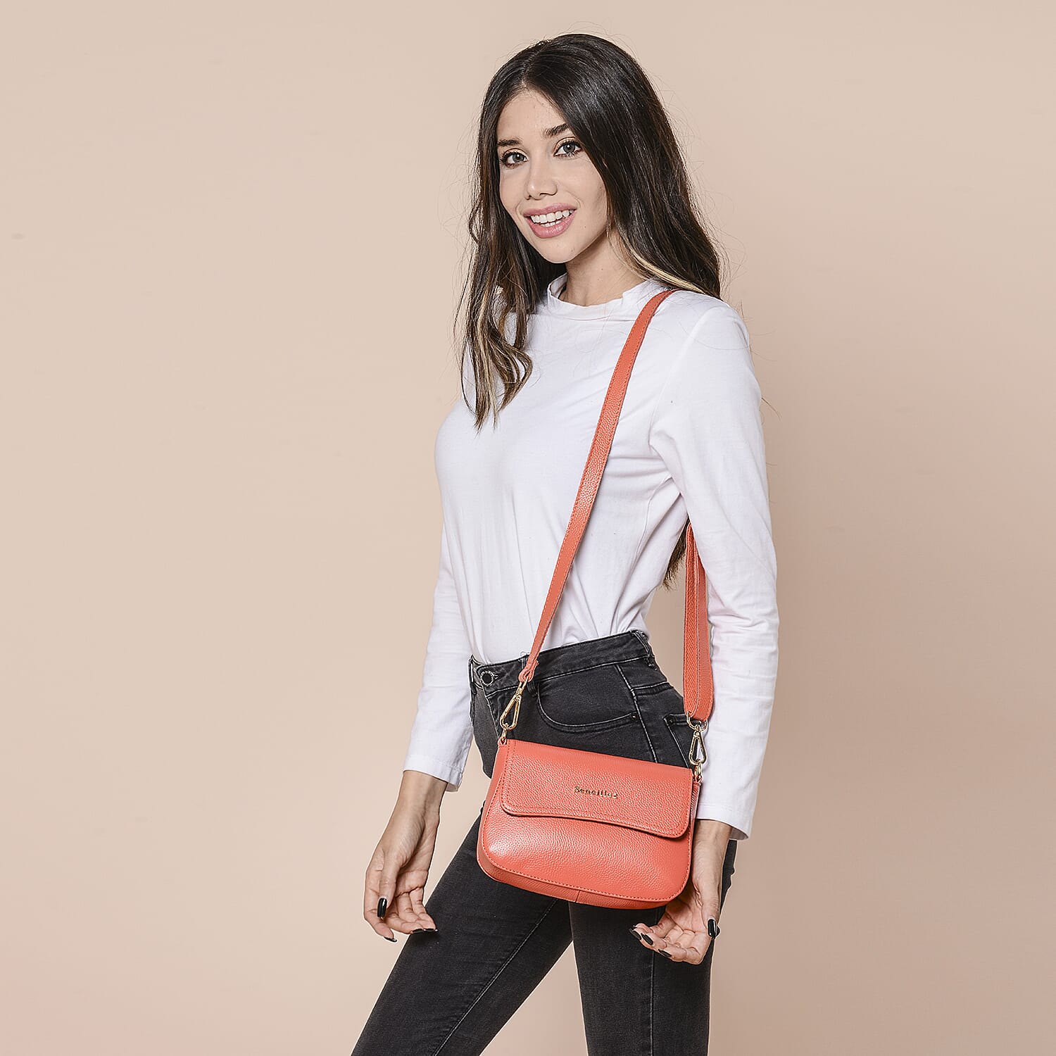 SENCILLEZ 100% Genuine Leather Crossbody Bag with Detachable Strap (Size 20x16x6cm) - Salmon