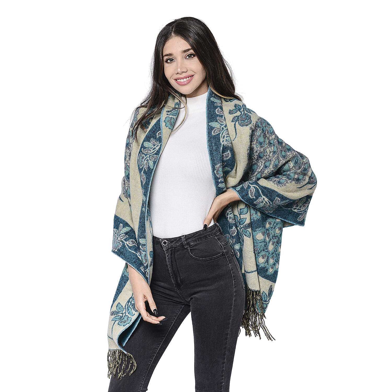 LA MAREY Super Soft 100% Lambswool Jacquard Blue Peacock Pattern Shawl with Tassels (175x70cm)