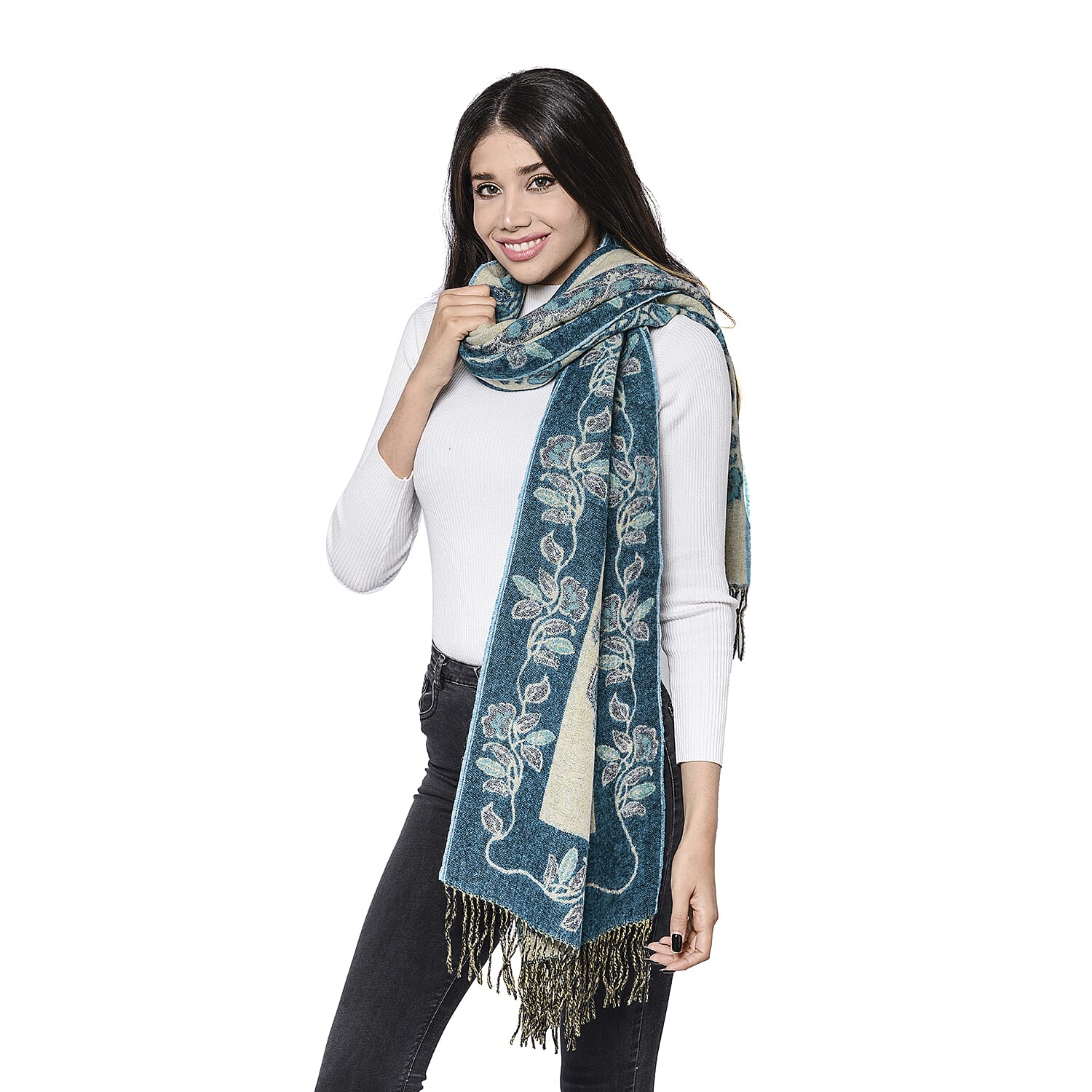 LA MAREY Super Soft 100% Lambswool Jacquard Blue Peacock Pattern Shawl with Tassels (175x70cm)