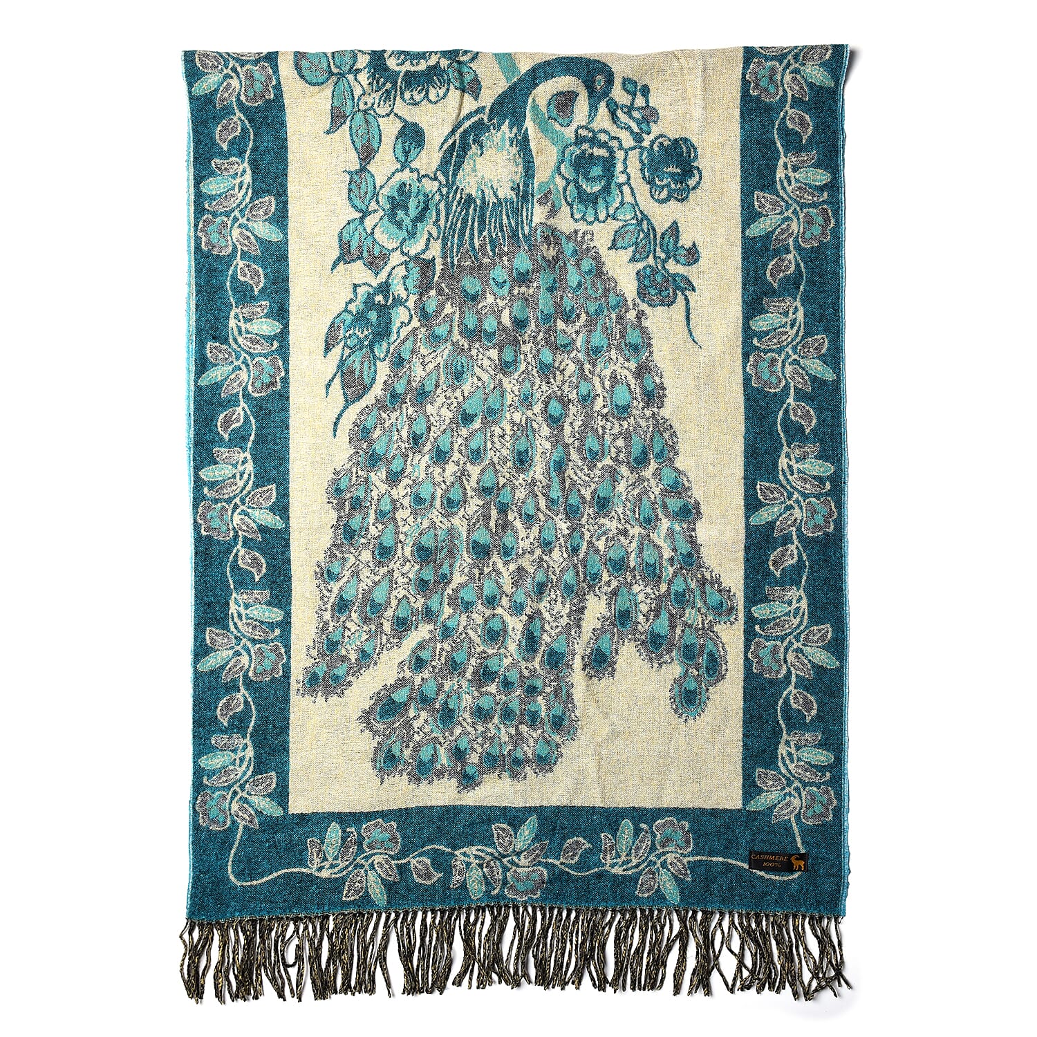 LA MAREY Super Soft 100% Lambswool Jacquard Blue Peacock Pattern Shawl with Tassels (175x70cm)