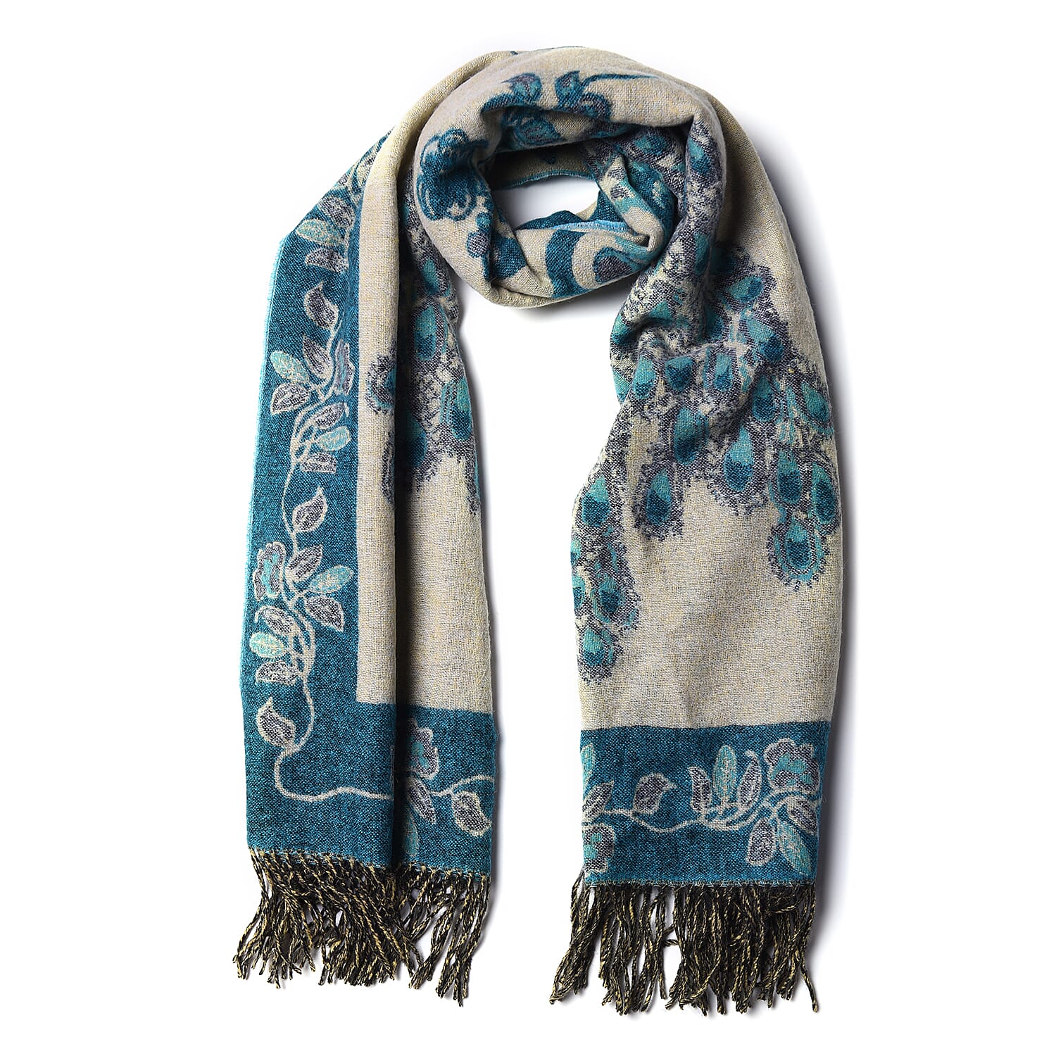 LA MAREY Super Soft 100% Lambswool Jacquard Blue Peacock Pattern Shawl with Tassels (175x70cm)
