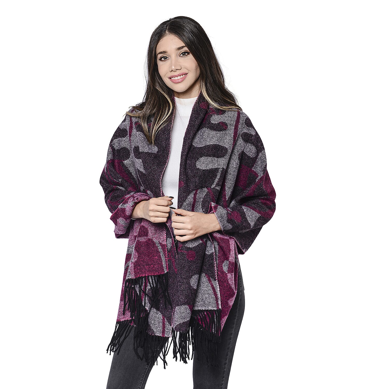 LA MAREY Super Soft 100% Lambswool Jacquard Purple and Grey Abstract Pattern Shawl with Tassels (175x70cm)