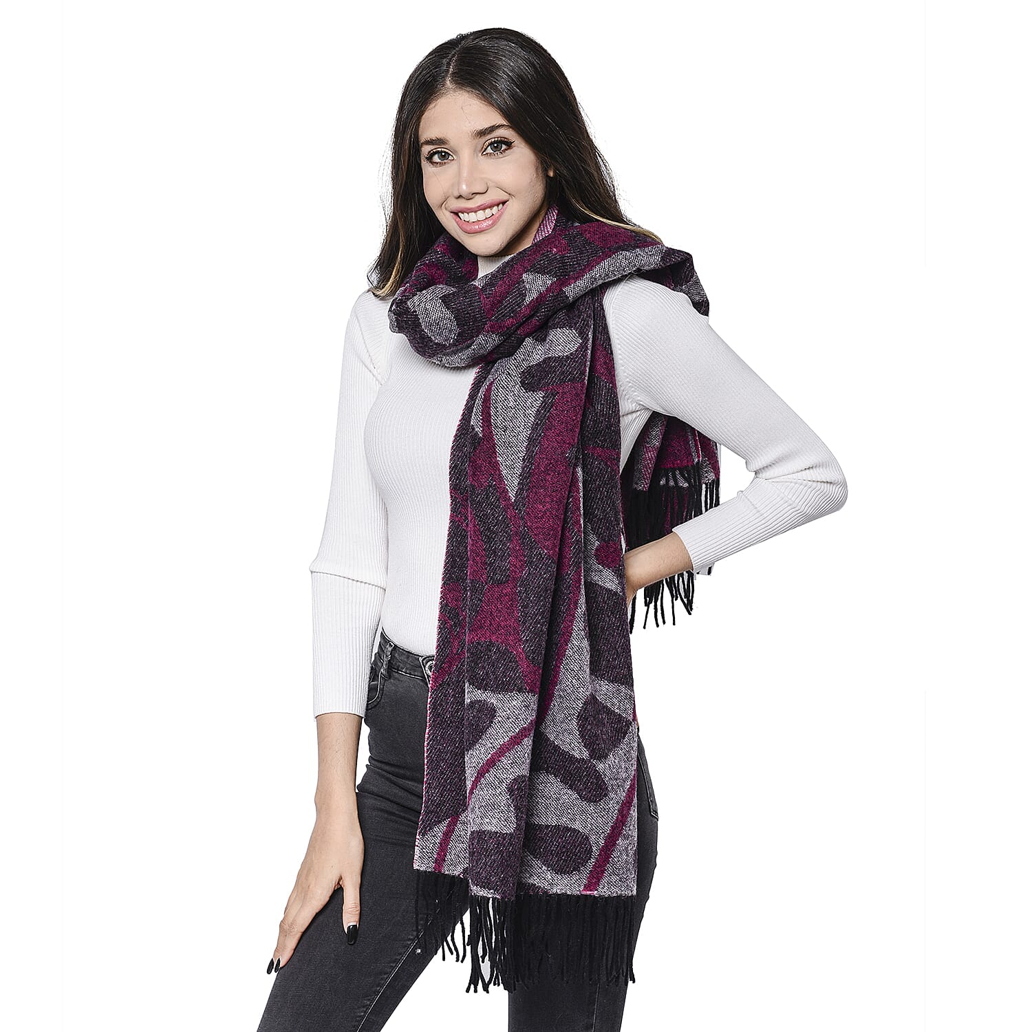 LA MAREY Super Soft 100% Lambswool Jacquard Purple and Grey Abstract Pattern Shawl with Tassels (175x70cm)