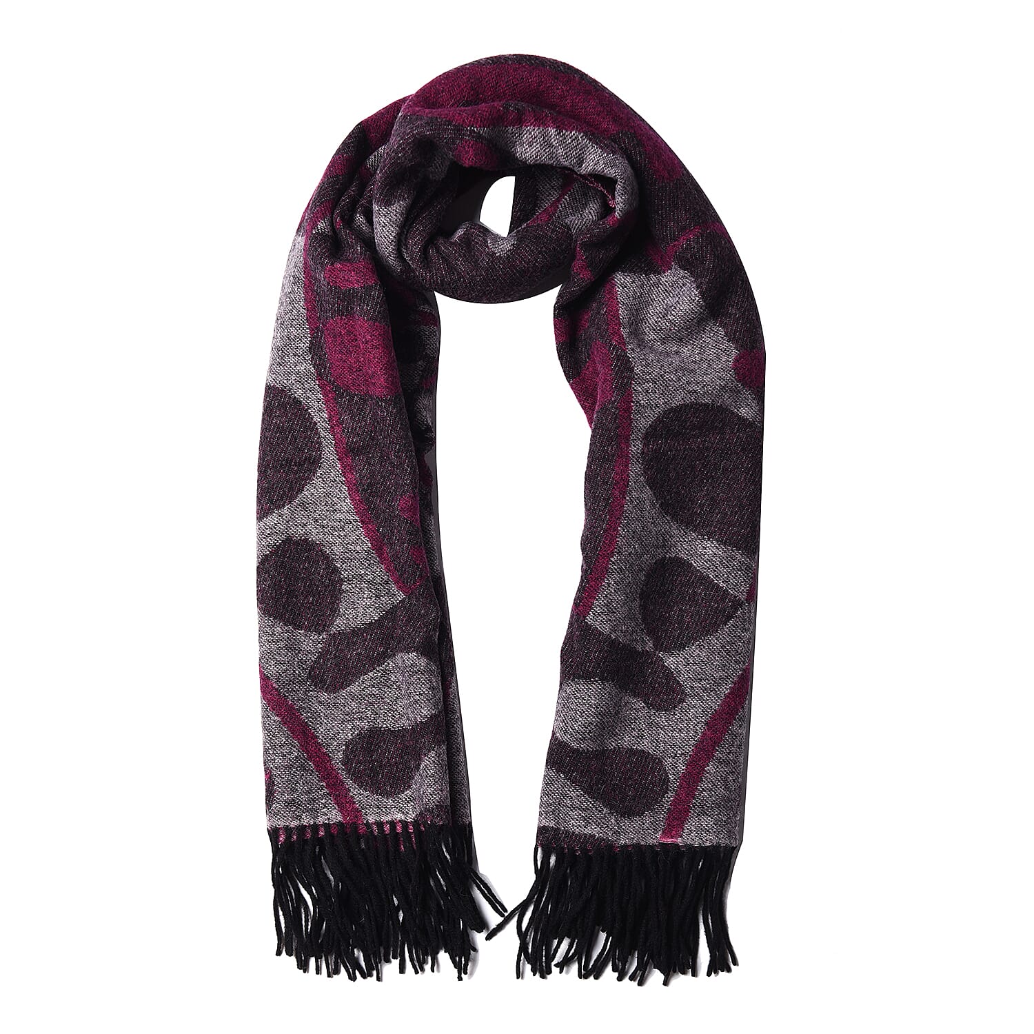 LA MAREY Super Soft 100% Lambswool Jacquard Purple and Grey Abstract Pattern Shawl with Tassels (175x70cm)