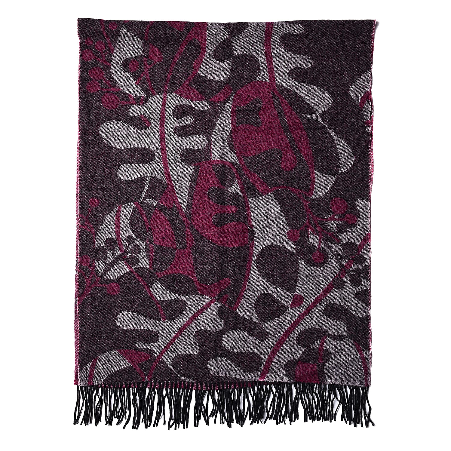 LA MAREY Super Soft 100% Lambswool Jacquard Purple and Grey Abstract Pattern Shawl with Tassels (175x70cm)