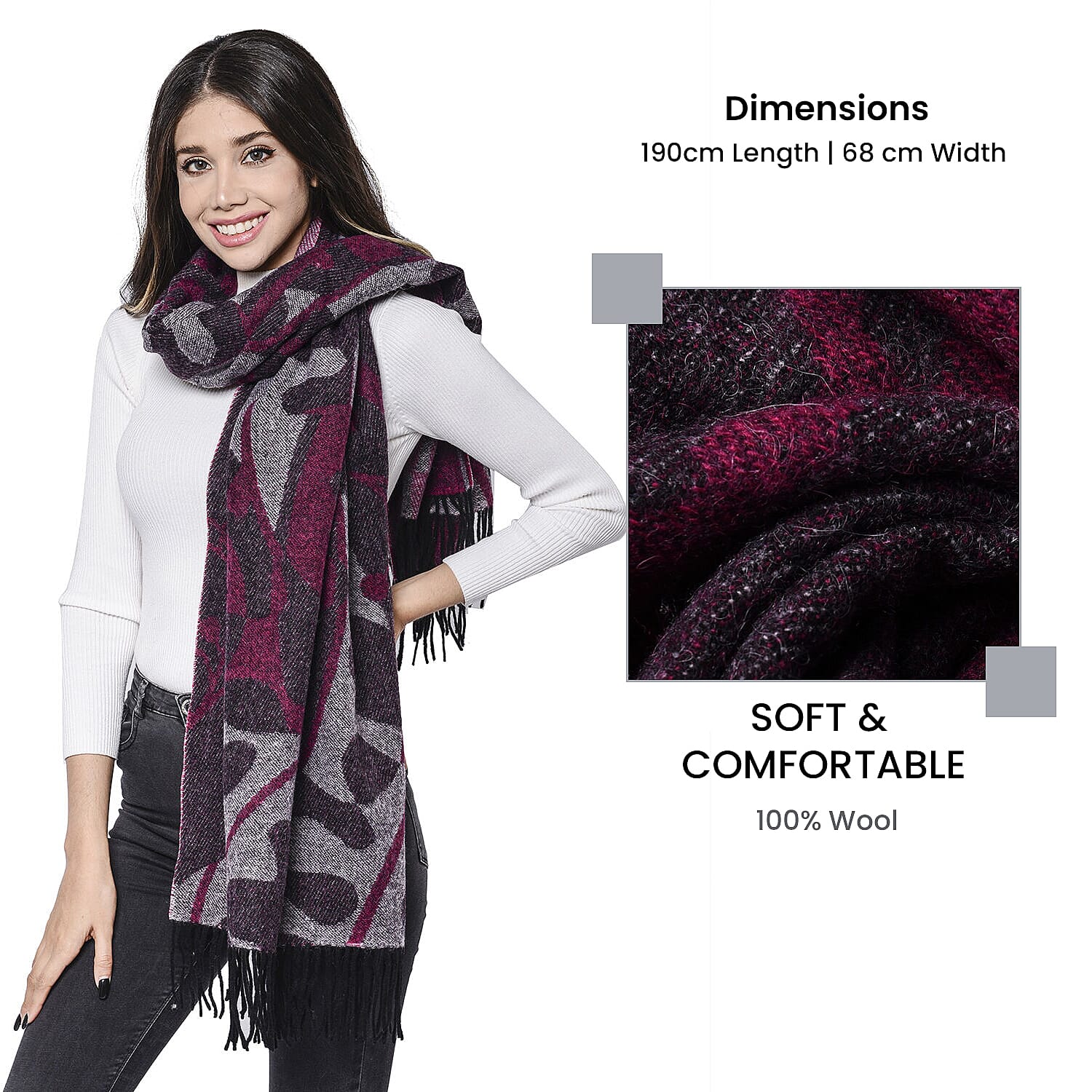 LA MAREY Super Soft 100% Lambswool Jacquard Purple and Grey Abstract Pattern Shawl with Tassels (175x70cm)