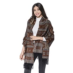 LA MAREY Super Soft 100% Lambswool Jacquard Brown Leaf and Fret Pattern Shawl with Tassels (175x70cm)