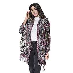 LA MAREY Super Soft 100% Lambswool Reversible Off-White Leopard and Purple/Grey Floral Pattern Shawl with Tassels (180x65cm)