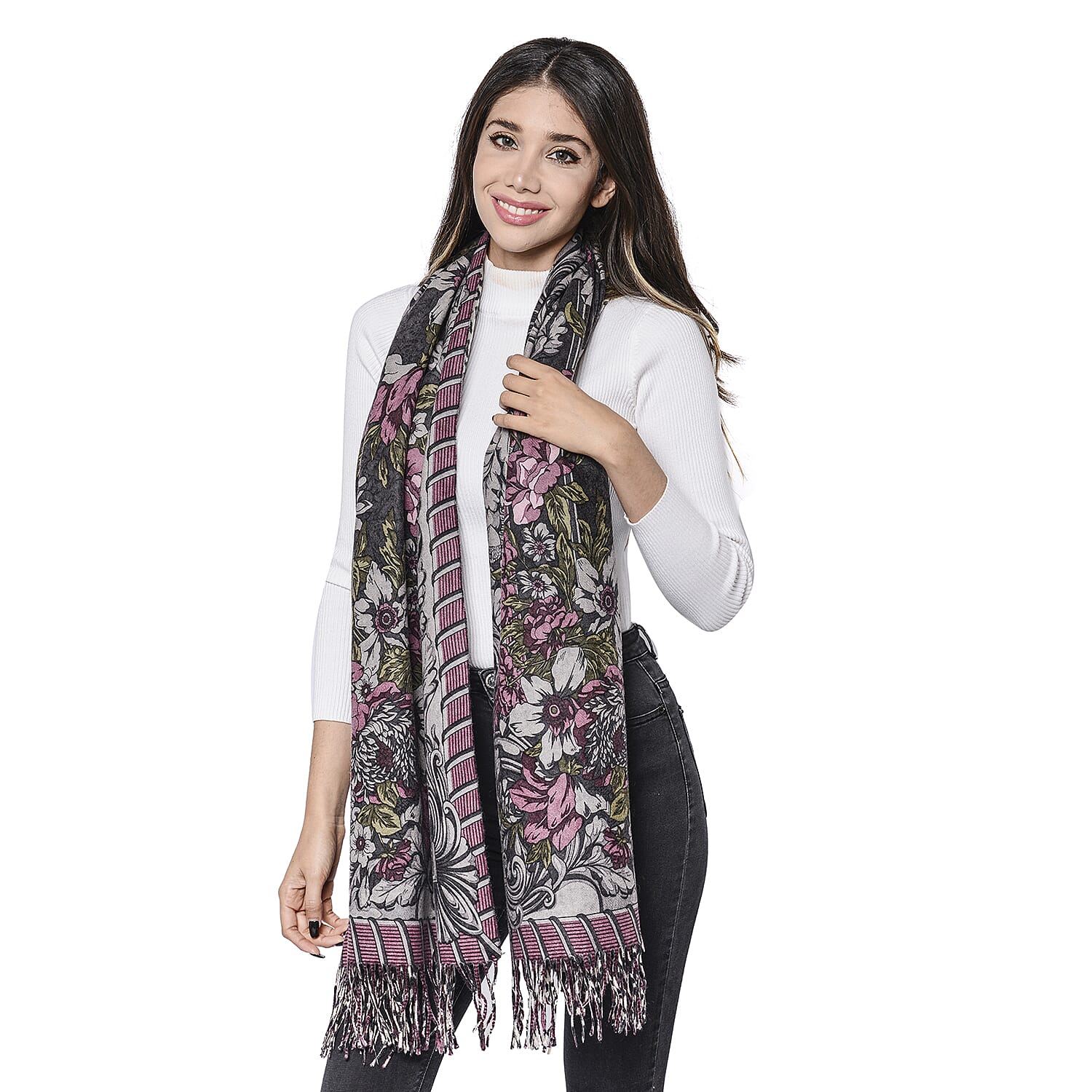 LA MAREY Super Soft 100% Lambswool Jacquard Purple and Grey Abstract Pattern Shawl with Tassels (175x70cm)