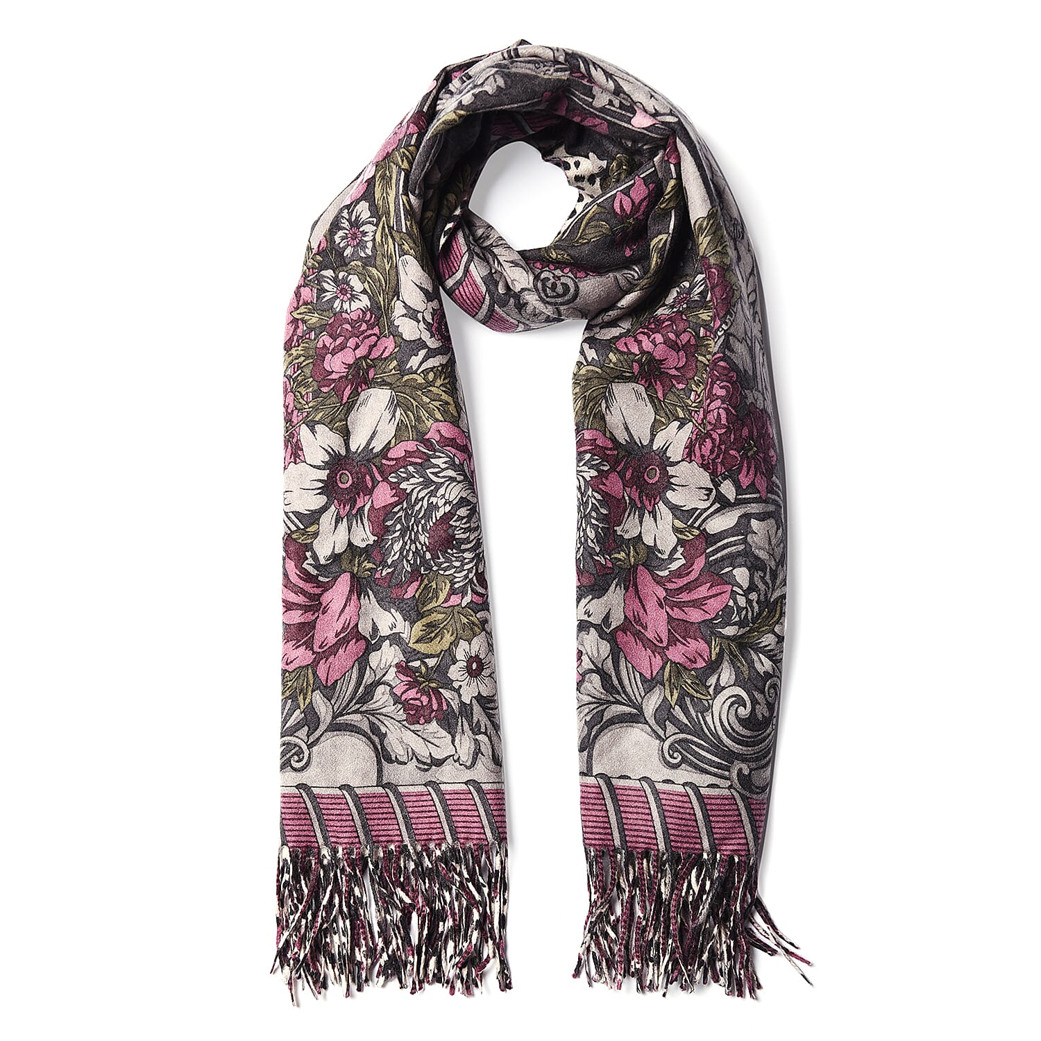 LA MAREY Super Soft 100% Lambswool Jacquard Purple and Grey Abstract Pattern Shawl with Tassels (175x70cm)