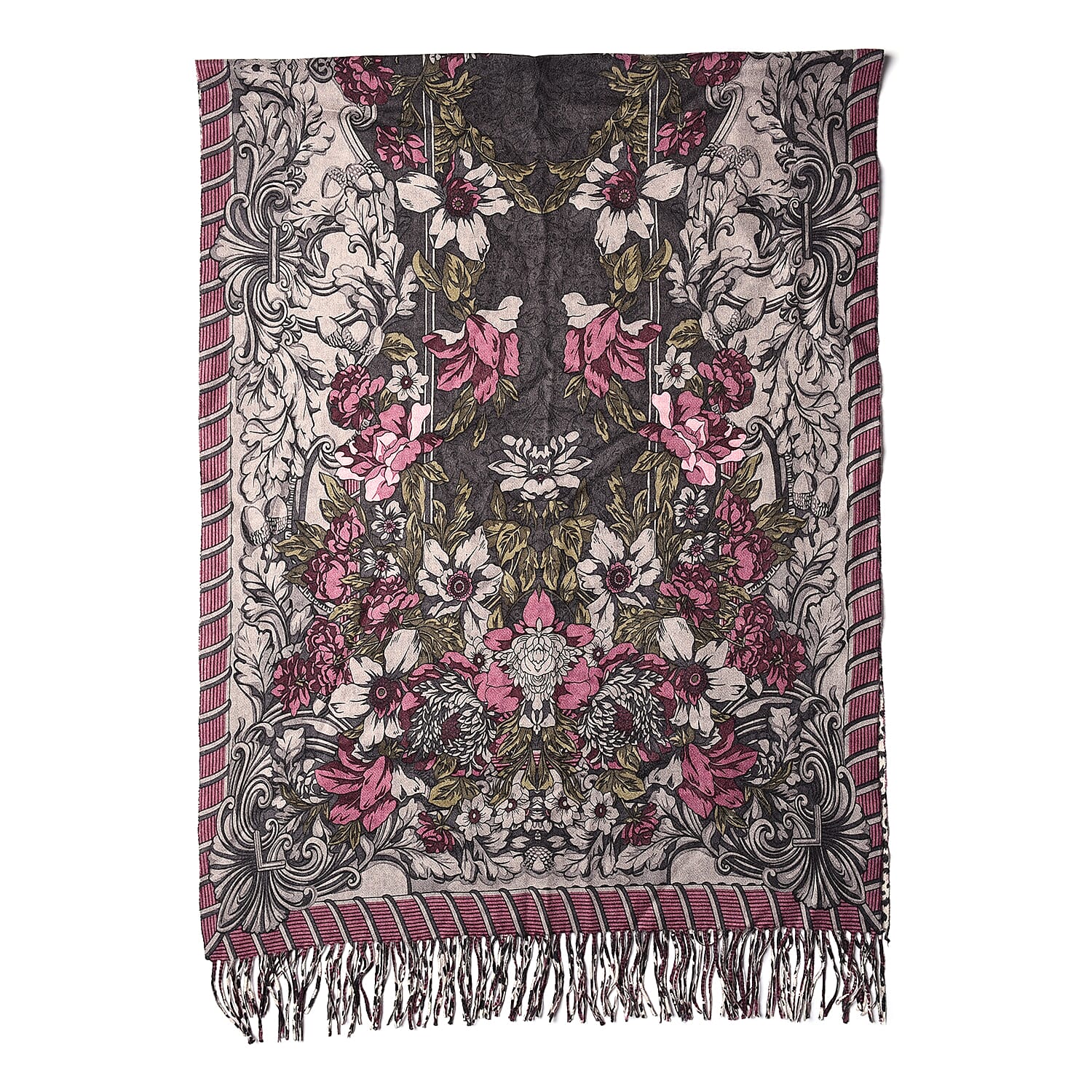 LA MAREY Super Soft 100% Lambswool Jacquard Purple and Grey Abstract Pattern Shawl with Tassels (175x70cm)