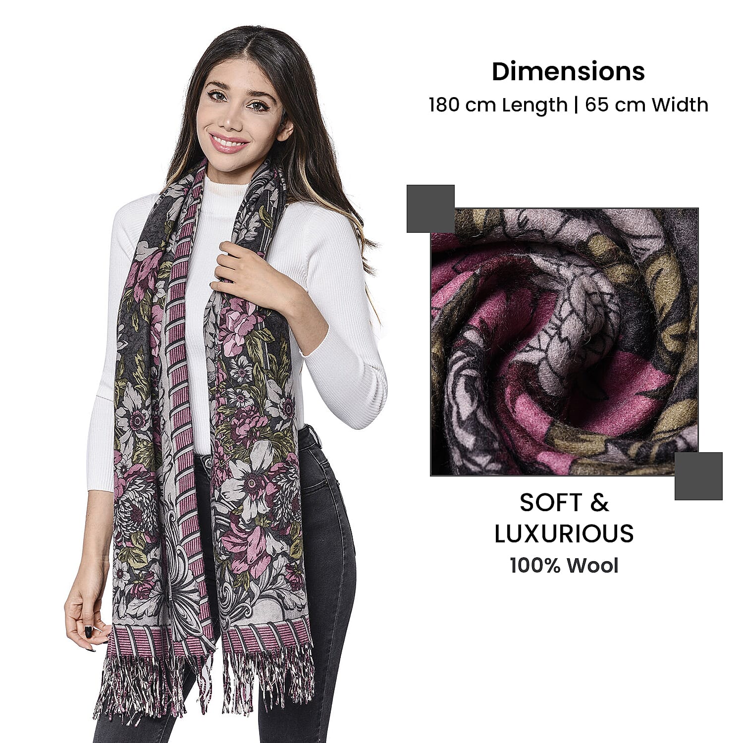LA MAREY Super Soft 100% Lambswool Jacquard Purple and Grey Abstract Pattern Shawl with Tassels (175x70cm)