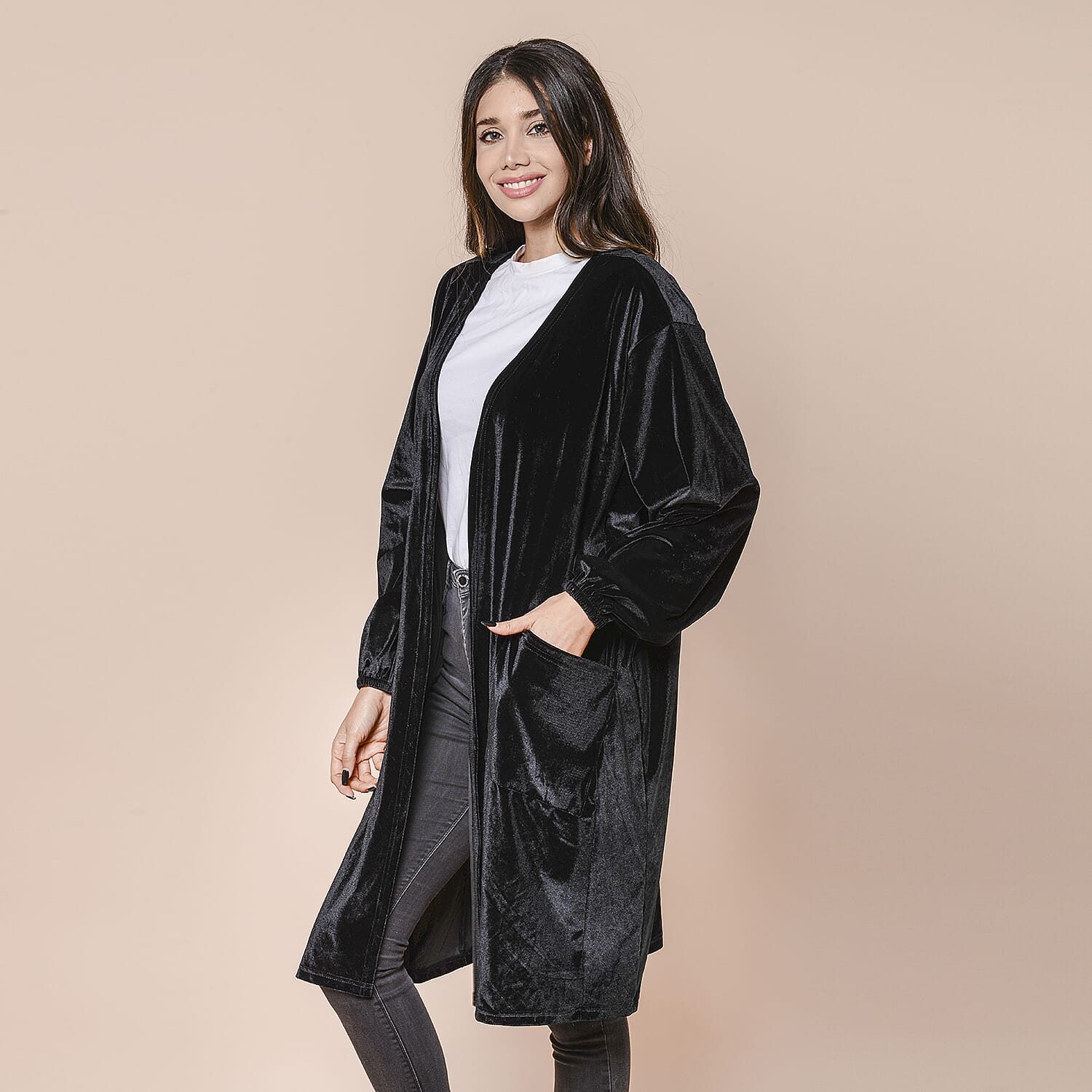 Marigold Lotus: Solid Black Velvet Cardigan ( Size Up to 18 )